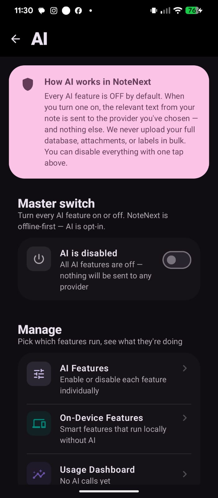 AI settings page showing master switch off by default, with feature management options