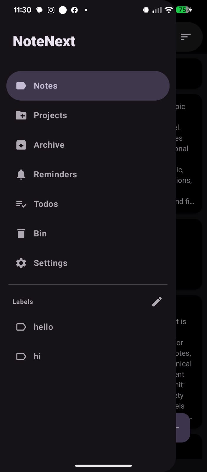 NoteNext navigation drawer with Notes, Projects, Archive, Reminders, Todos, Bin, Settings