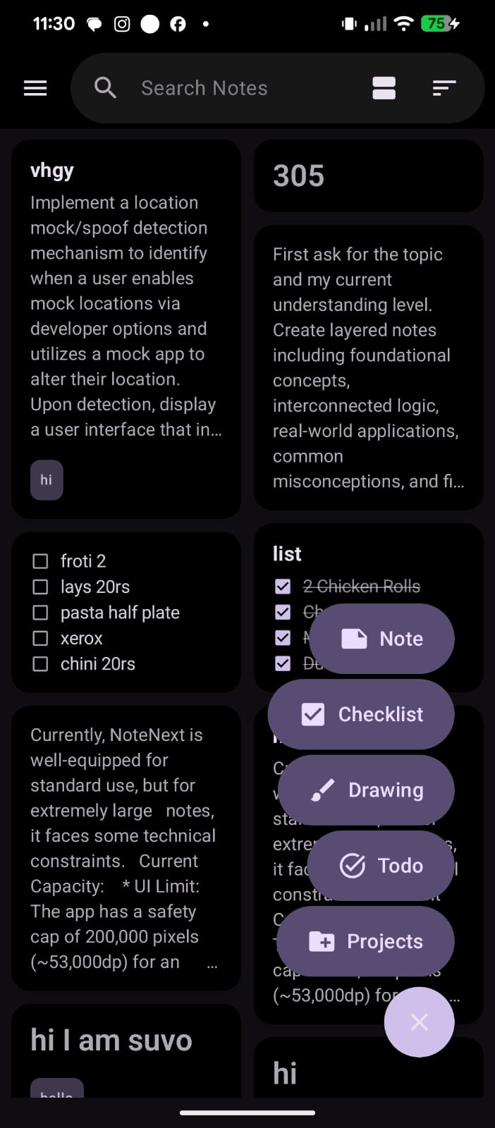 Floating action button expanded showing Note, Checklist, Drawing, Todo, and Projects options