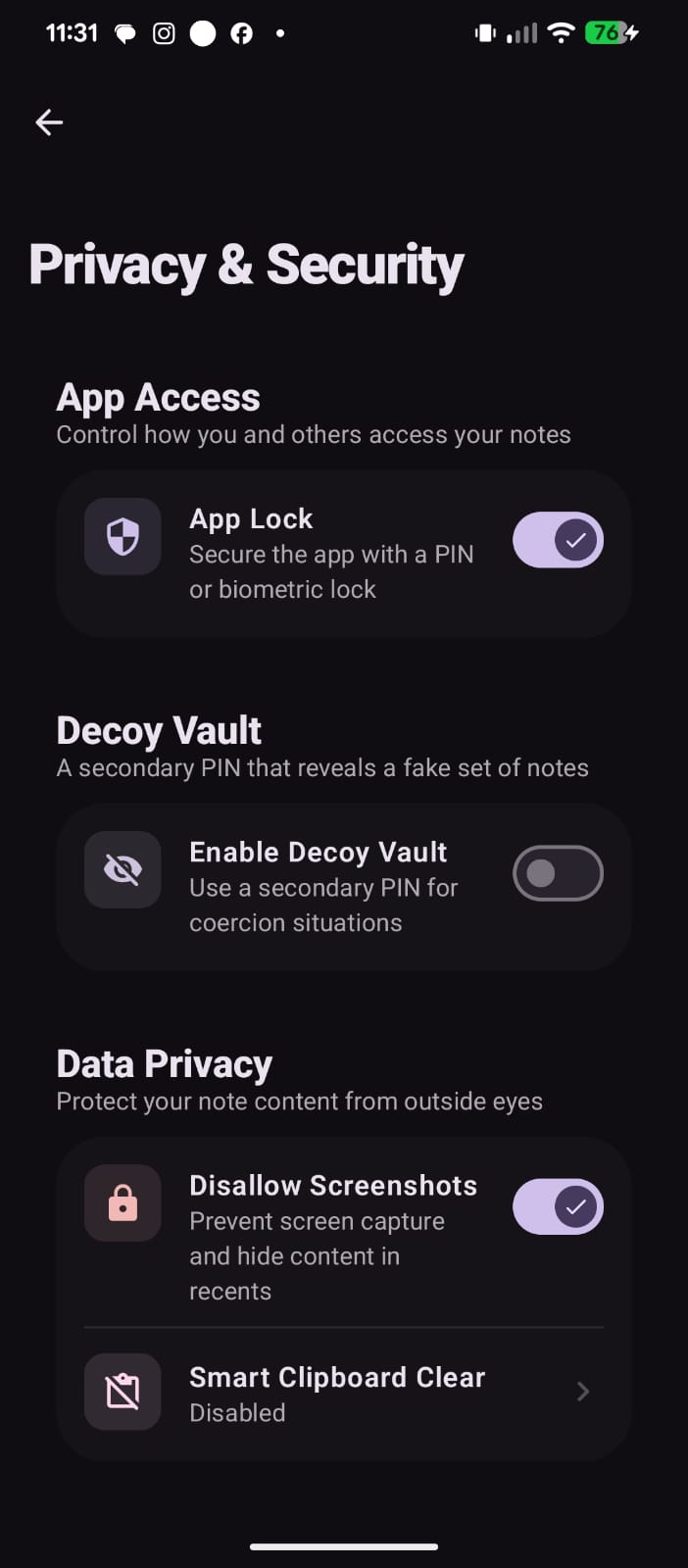 Privacy and Security settings showing App Lock, Decoy Vault, screenshot blocking, and clipboard clear